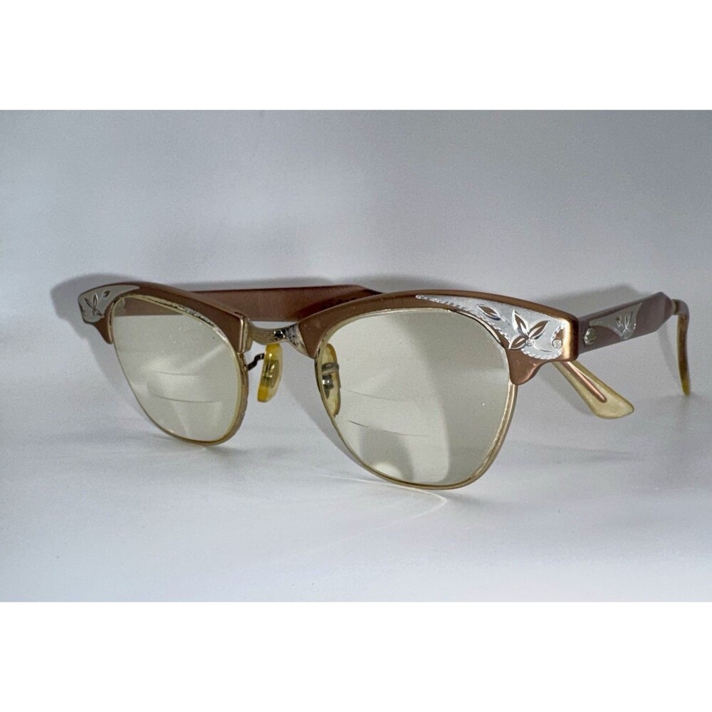 Vintage Cat Eye Glasses Pink N Silver Aluminum Frame Etched Pattern 1950s